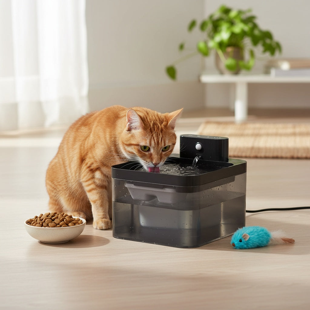 Chat buvant dans une fontaine à eau avec batterie et capteur infrarouge