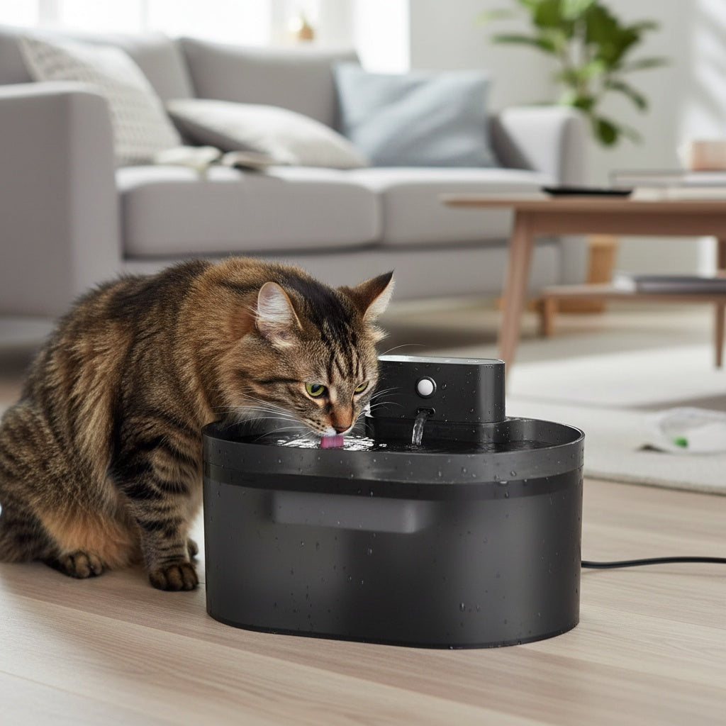 Chat buvant dans une fontaine à eau pour chat silencieuse et sans fil