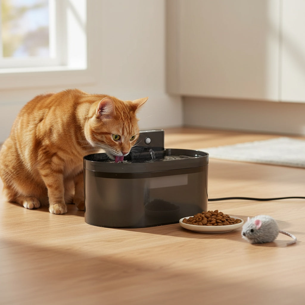 Chat buvant dans une fontaine à eau pour chat automatique