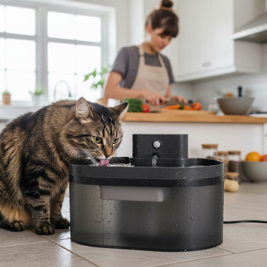 Chat buvant dans une fontaine à eau pour chat