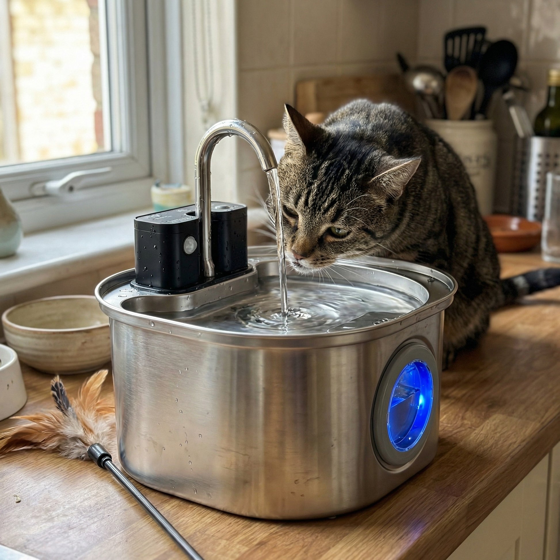 Chat buvant dans une fontaine à eau sans fil