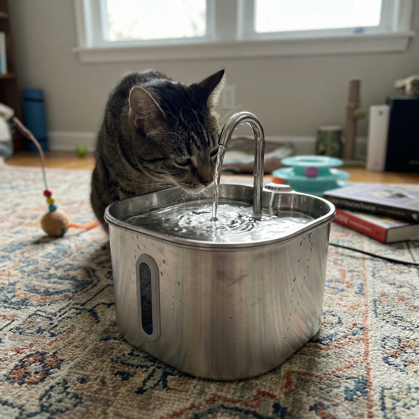 Chat buvant dans une fontaine à eau avec capteur de présence