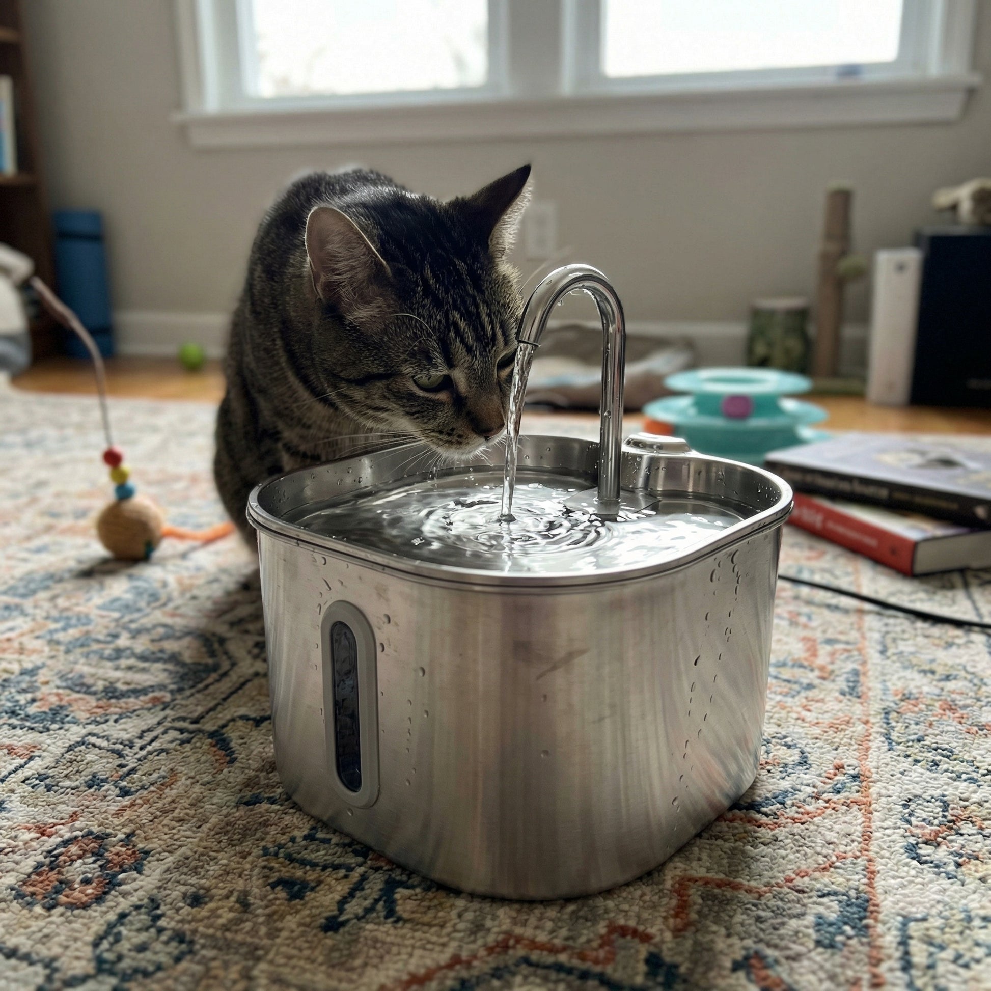 Chat buvant dans une fontaine à eau avec capteur de présence