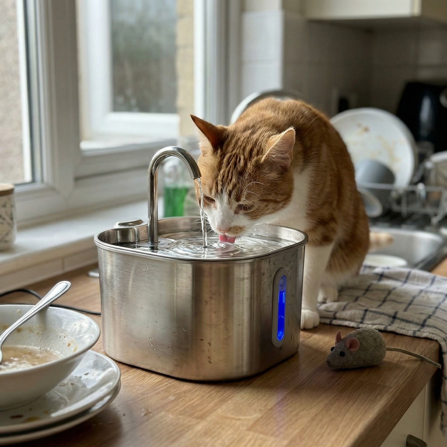 Chat buvant dans une fontaine à eau avec eau qui coule en continu