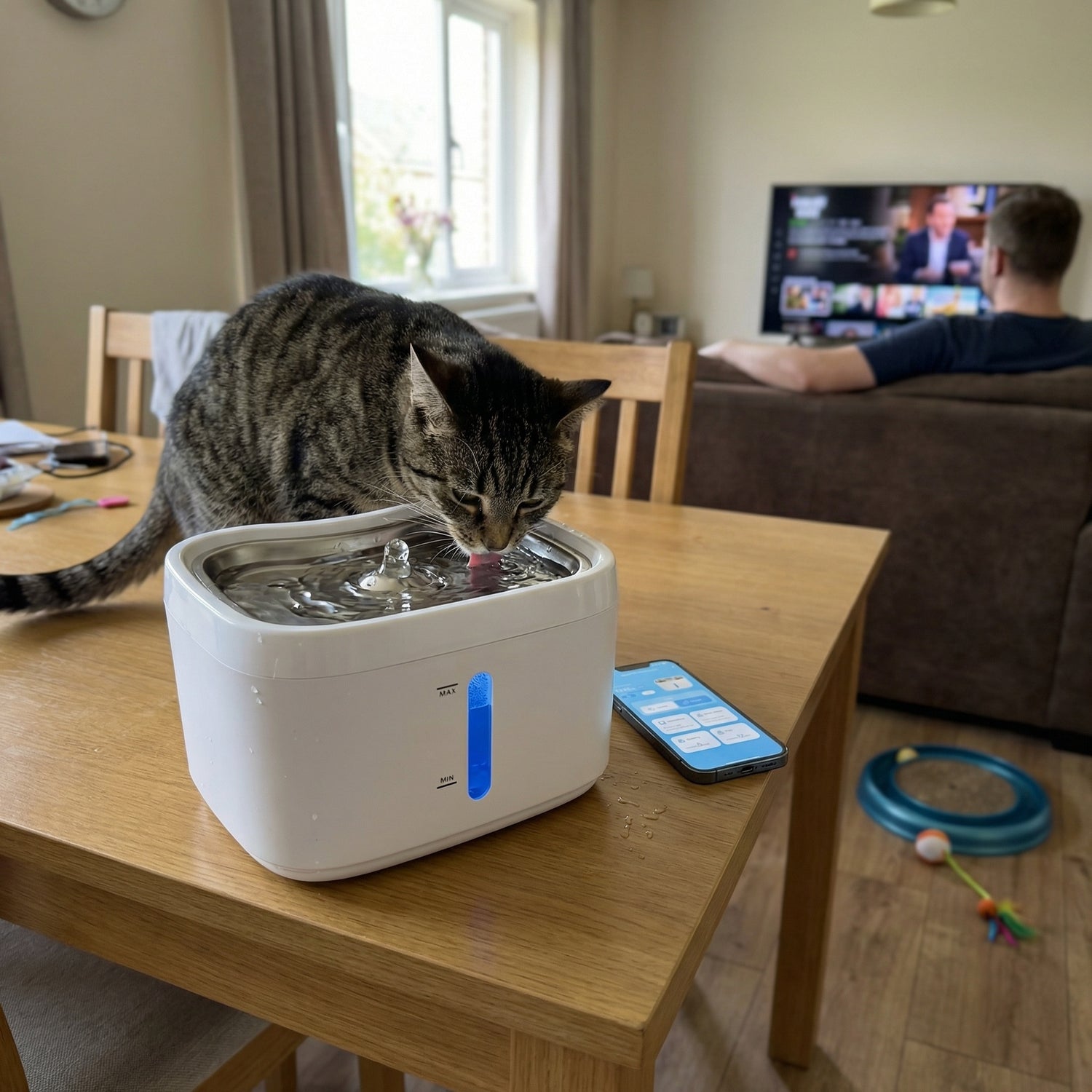 Fontaine à eau pour chat avec eau qui coule en continu