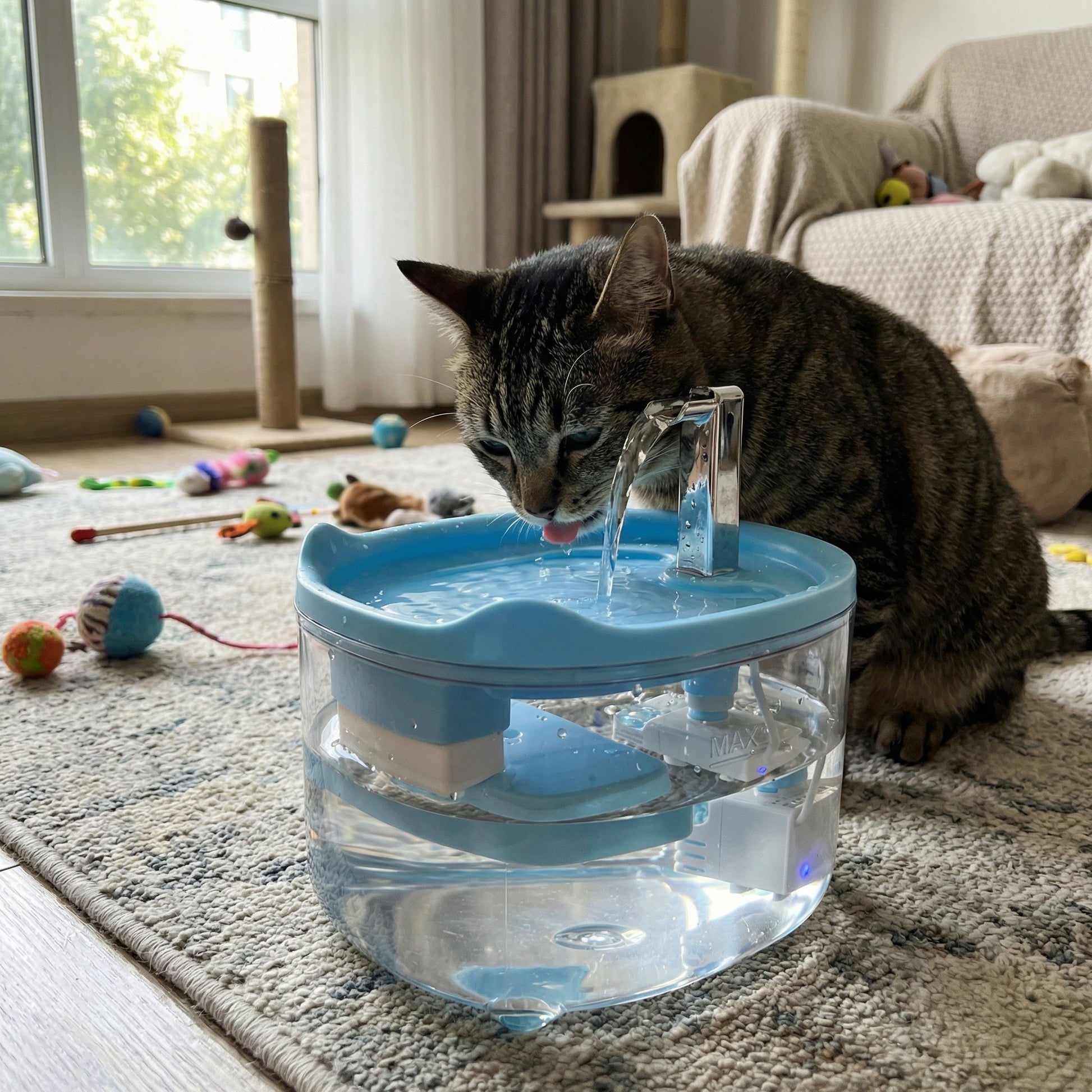 Chat buvant dans une fontaine à eau pour chat automatique