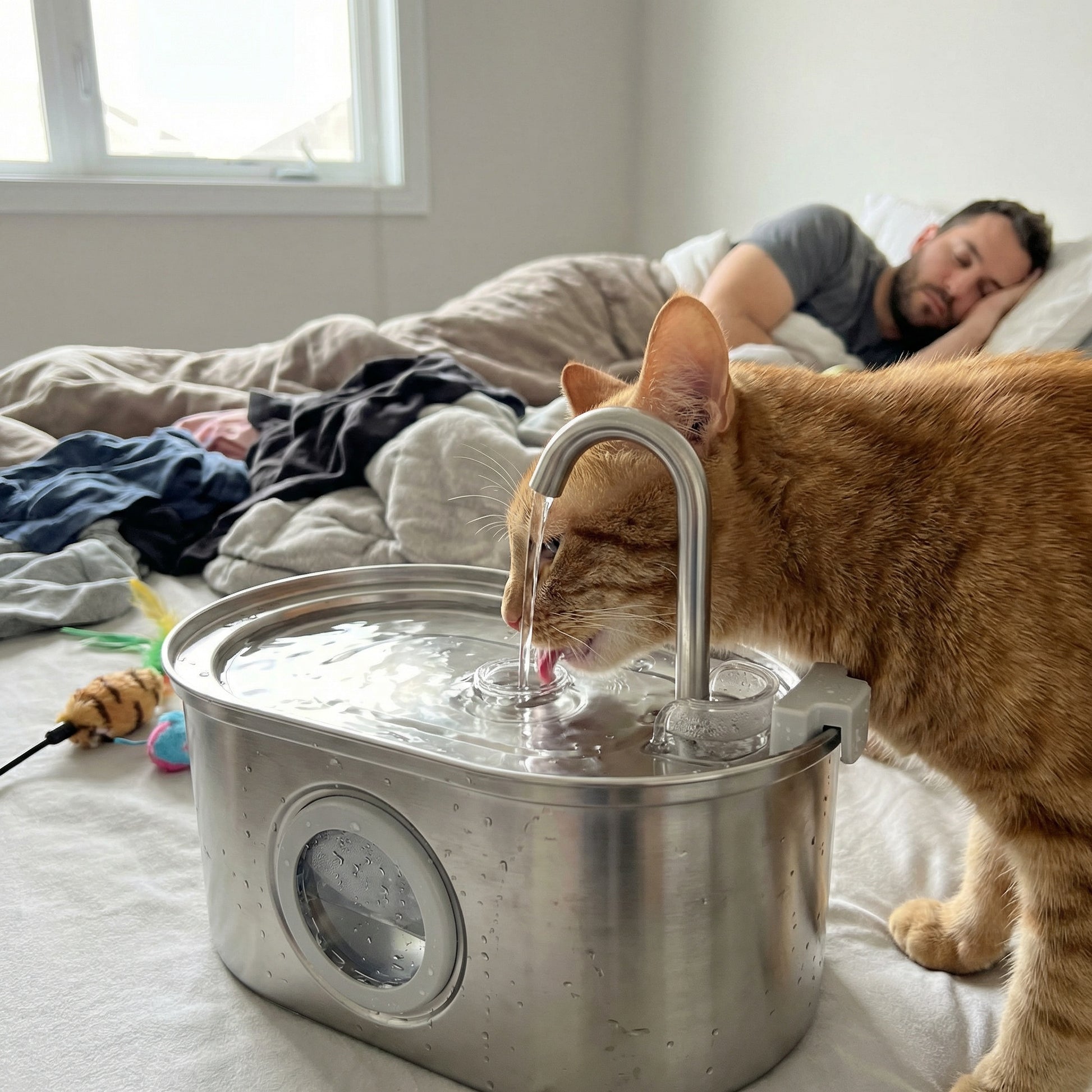 Chat buvant dans une fontaine à eau en acier inoxydable