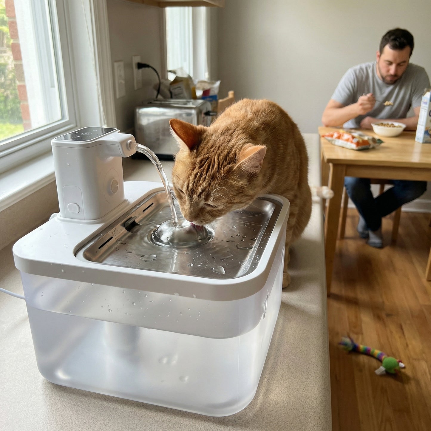 Chat buvant dans une fontaine à eau 2,5 L sans fil et silencieuse