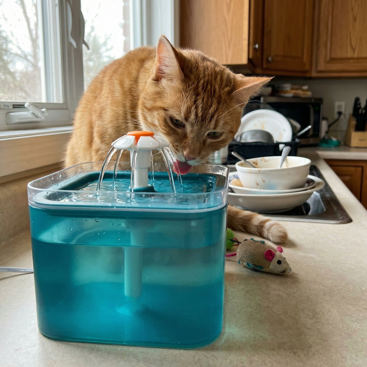 Chat buvant dans une fontaine à eau avec LED