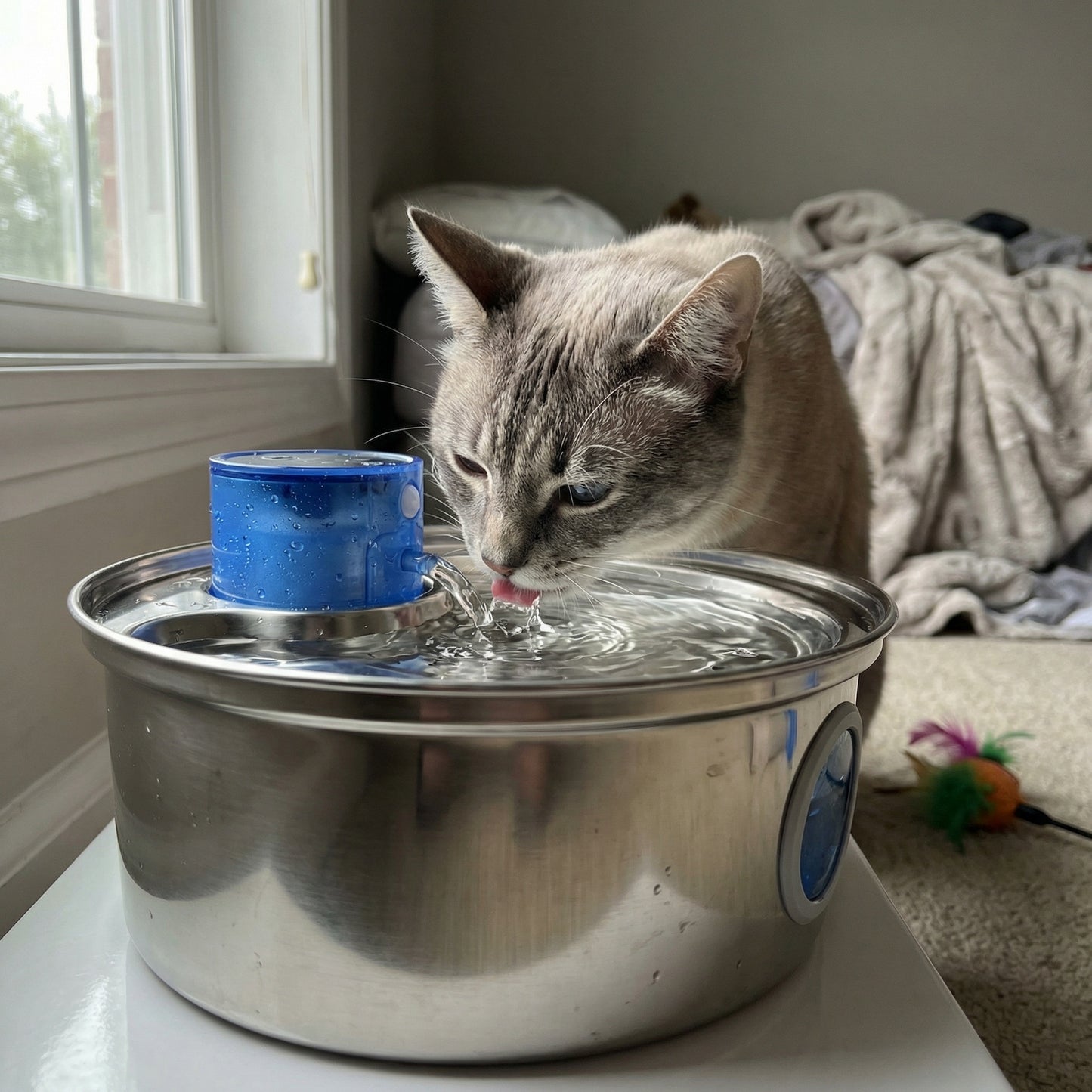 Chat buvant dans une fontaine à eau avec eau fraîche en continu