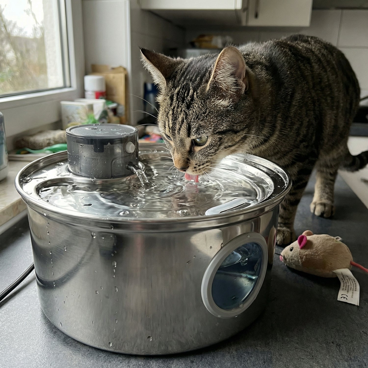 Chat buvant dans un fontaine à eau automatique 3,2 L