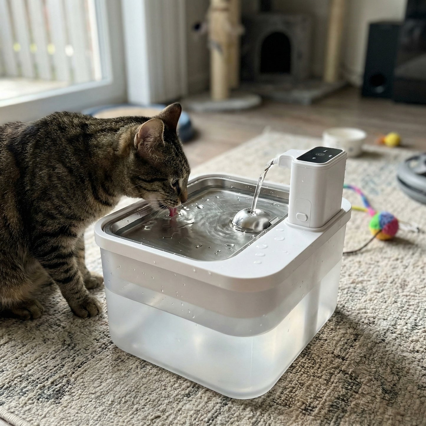 Chat buvant dans une fontaine à eau automatique