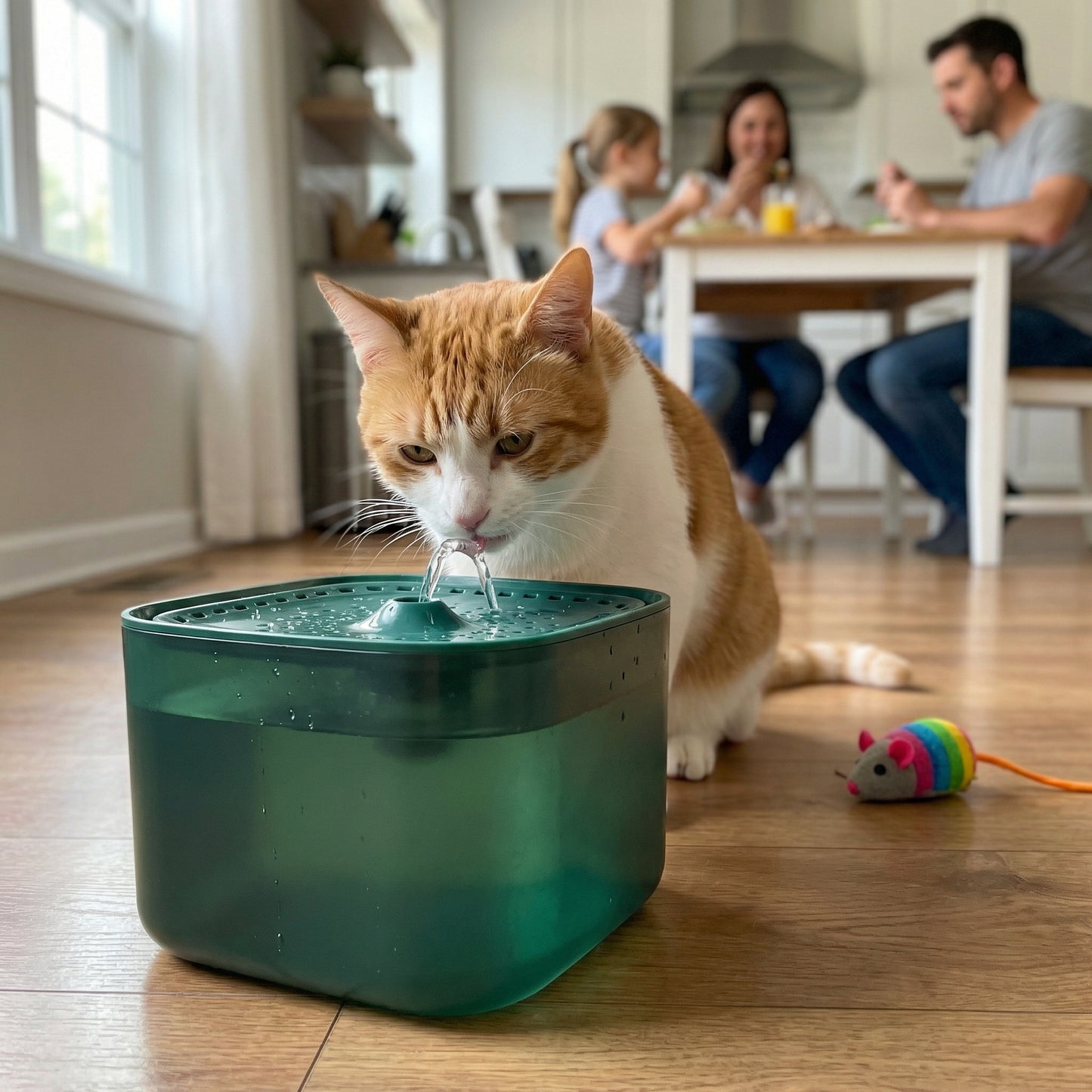 Chat buvant dans une fontaine à eau silencieuse