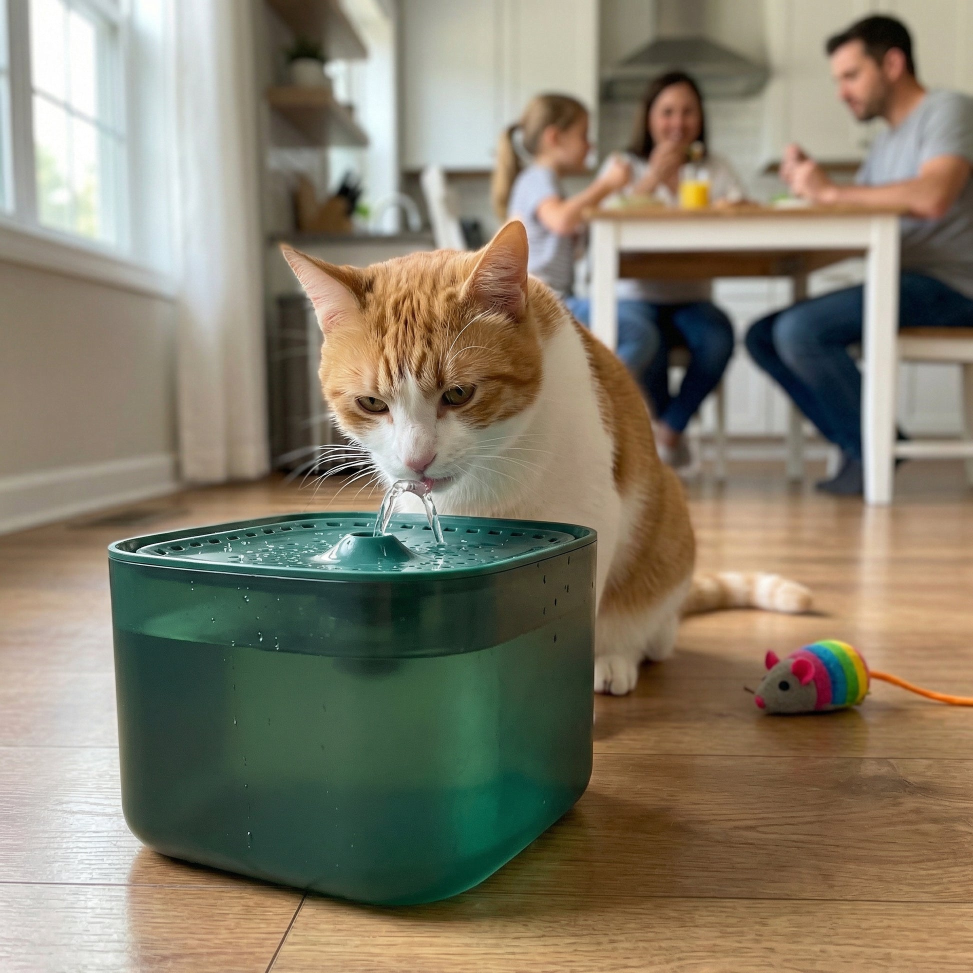 Chat buvant dans une fontaine à eau silencieuse