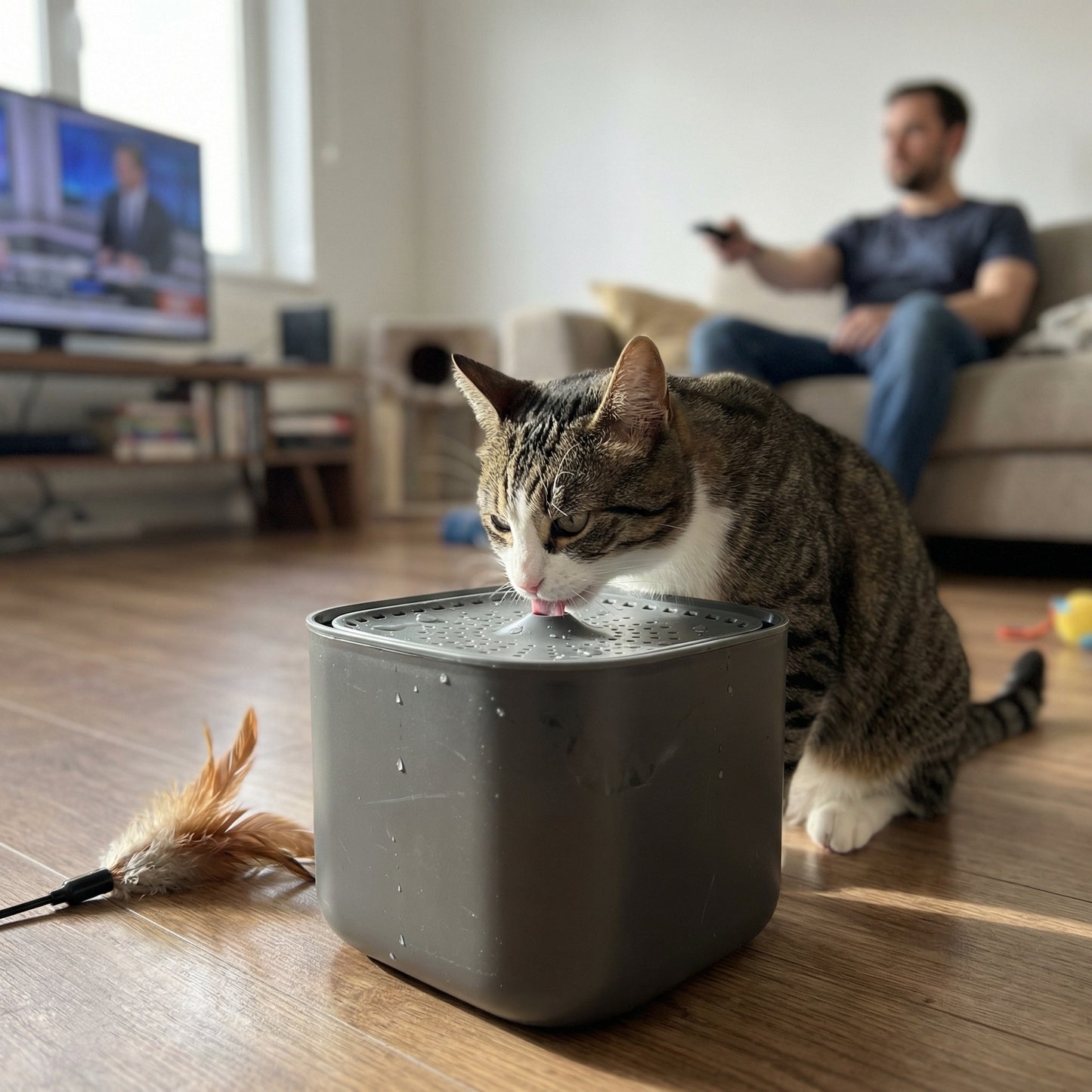 Chat buvant dans une fontaine à eau 2 L avec eau qui coule en continu