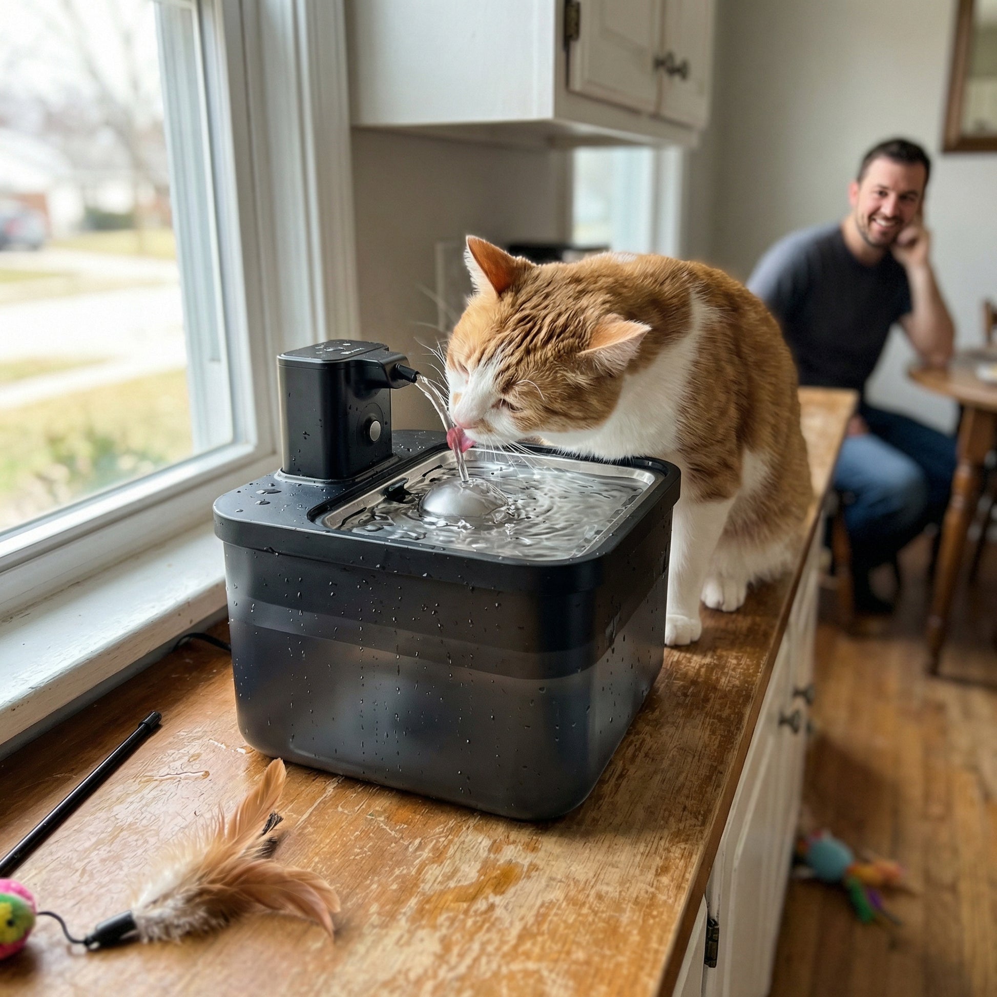 Chat buvant dans une fontaine à eau automatique