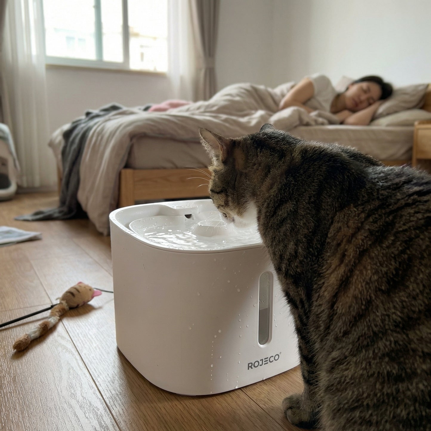 Chat buvant dans une fontaine à eau silencieuse