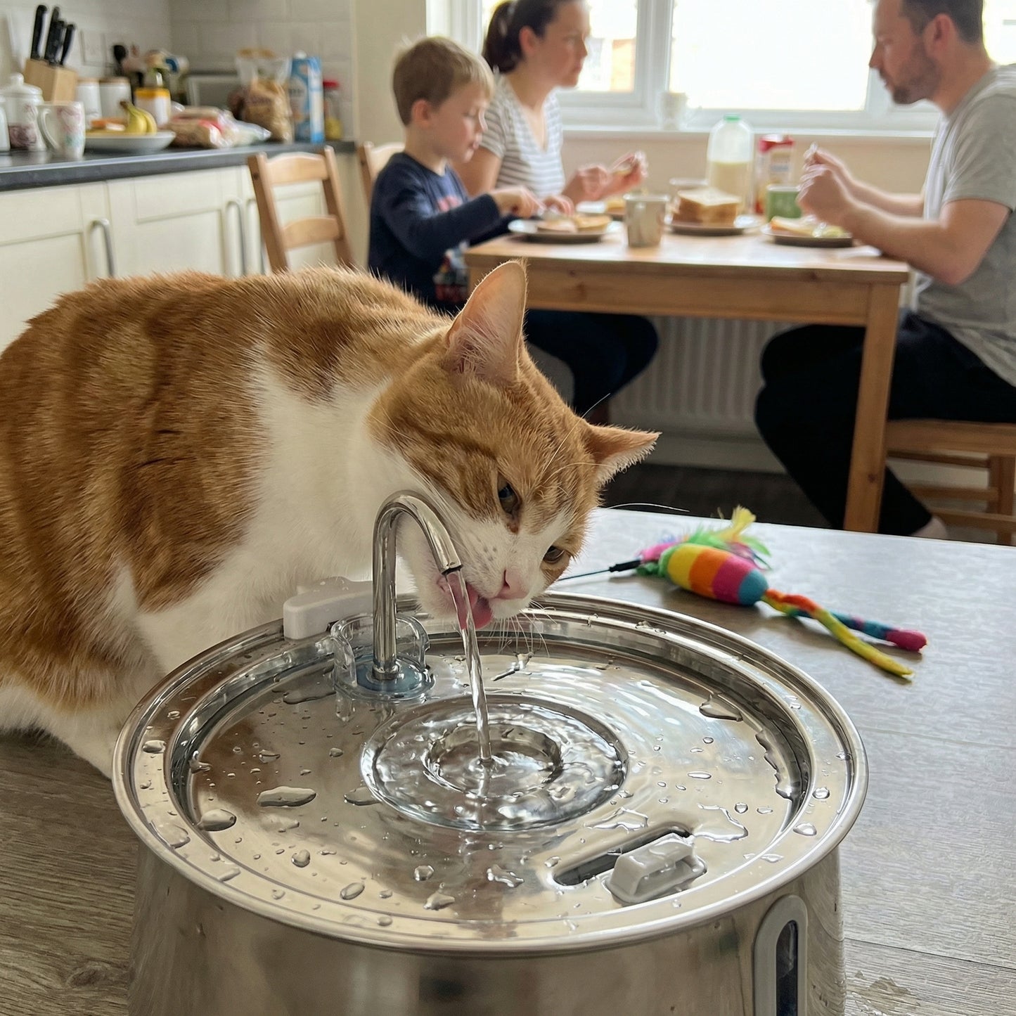 Chat buvant dans une fontaine à eau automatique