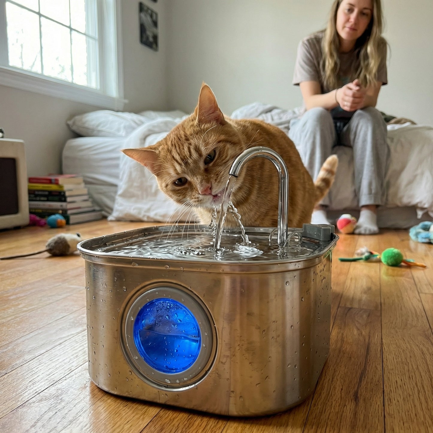 Chat buvant dans une fontaine à eau en inox