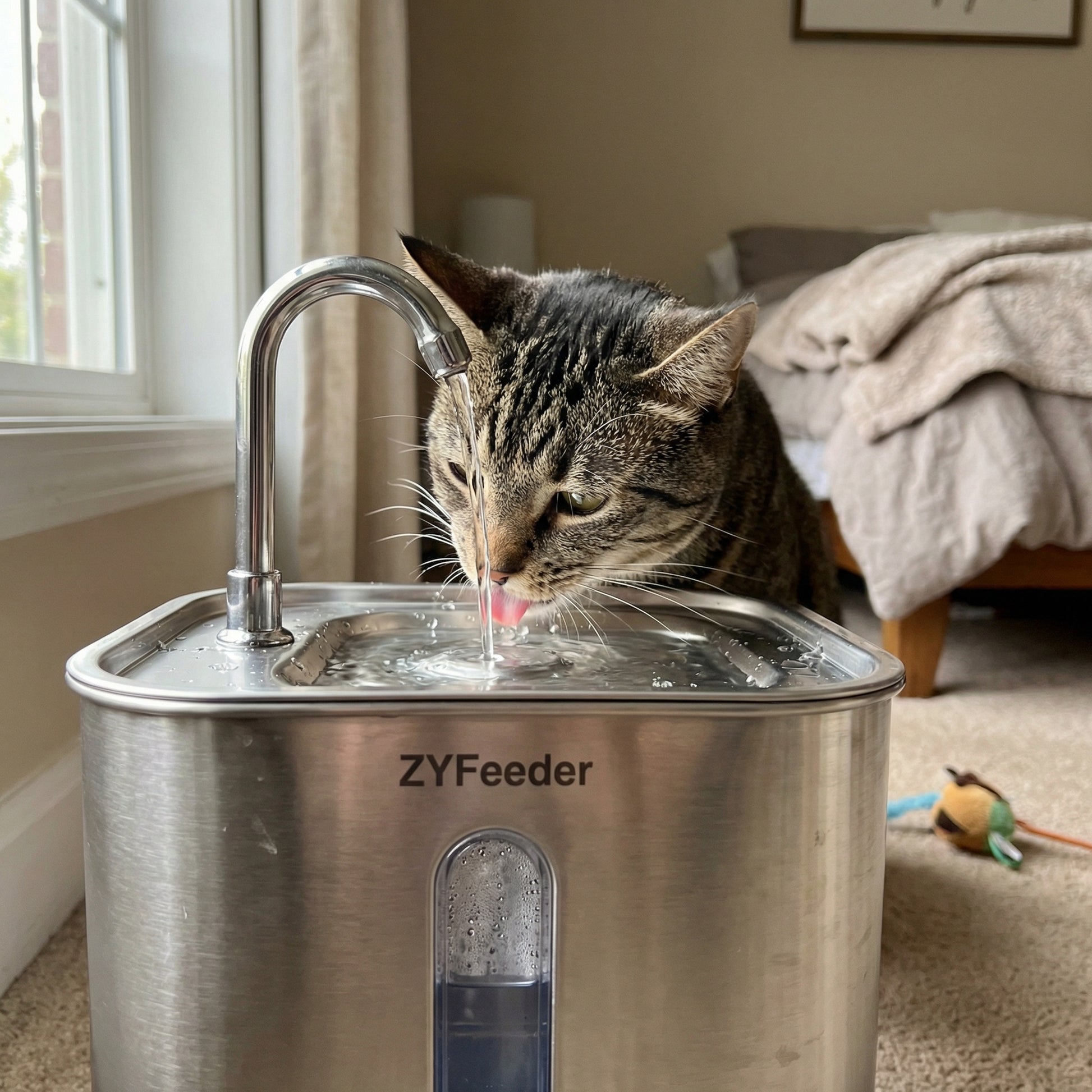 Chat buvant dans une fontaine à eau avec filtre et pompe silencieuse