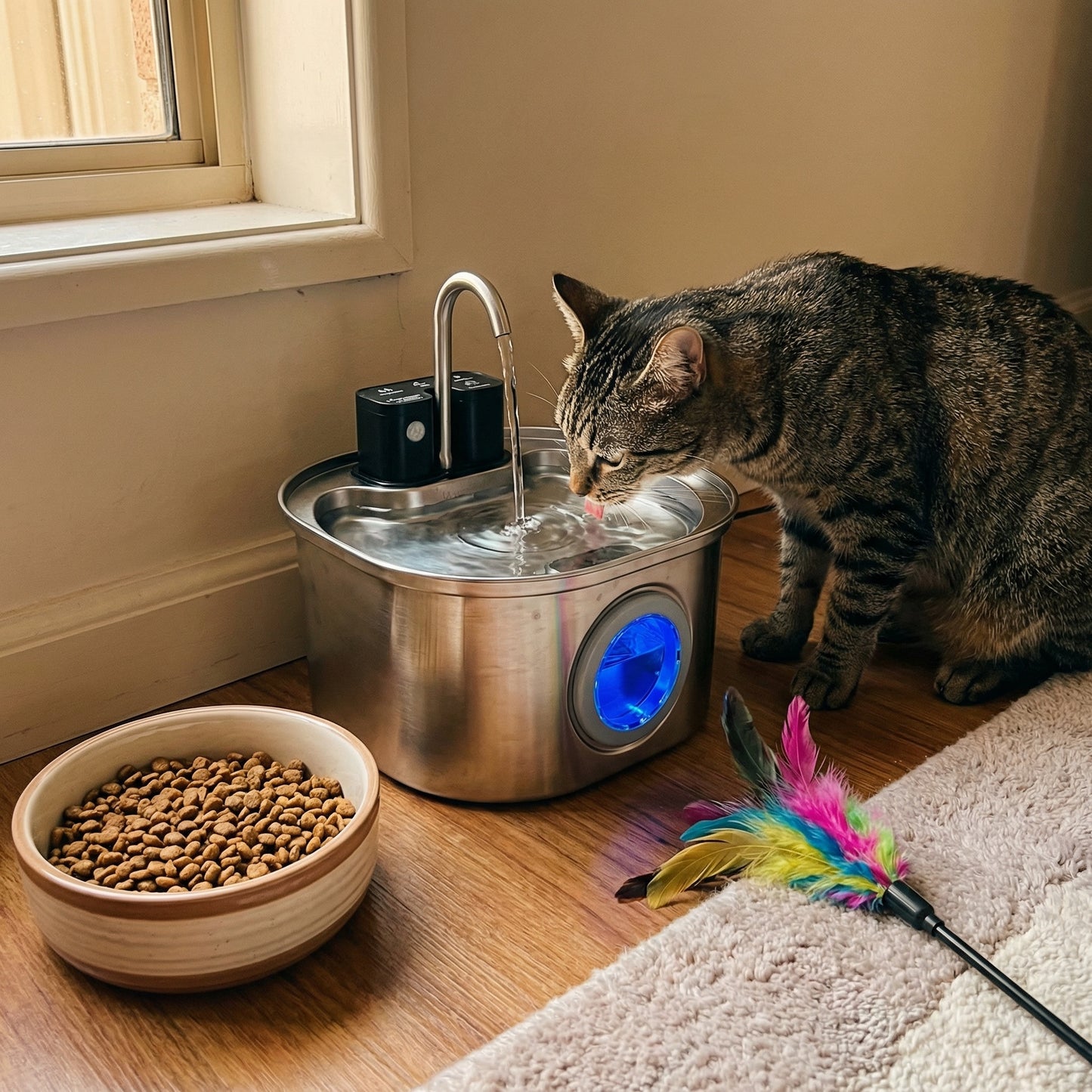 Chat buvant dans une fontaine à eau en acier inoxydbale