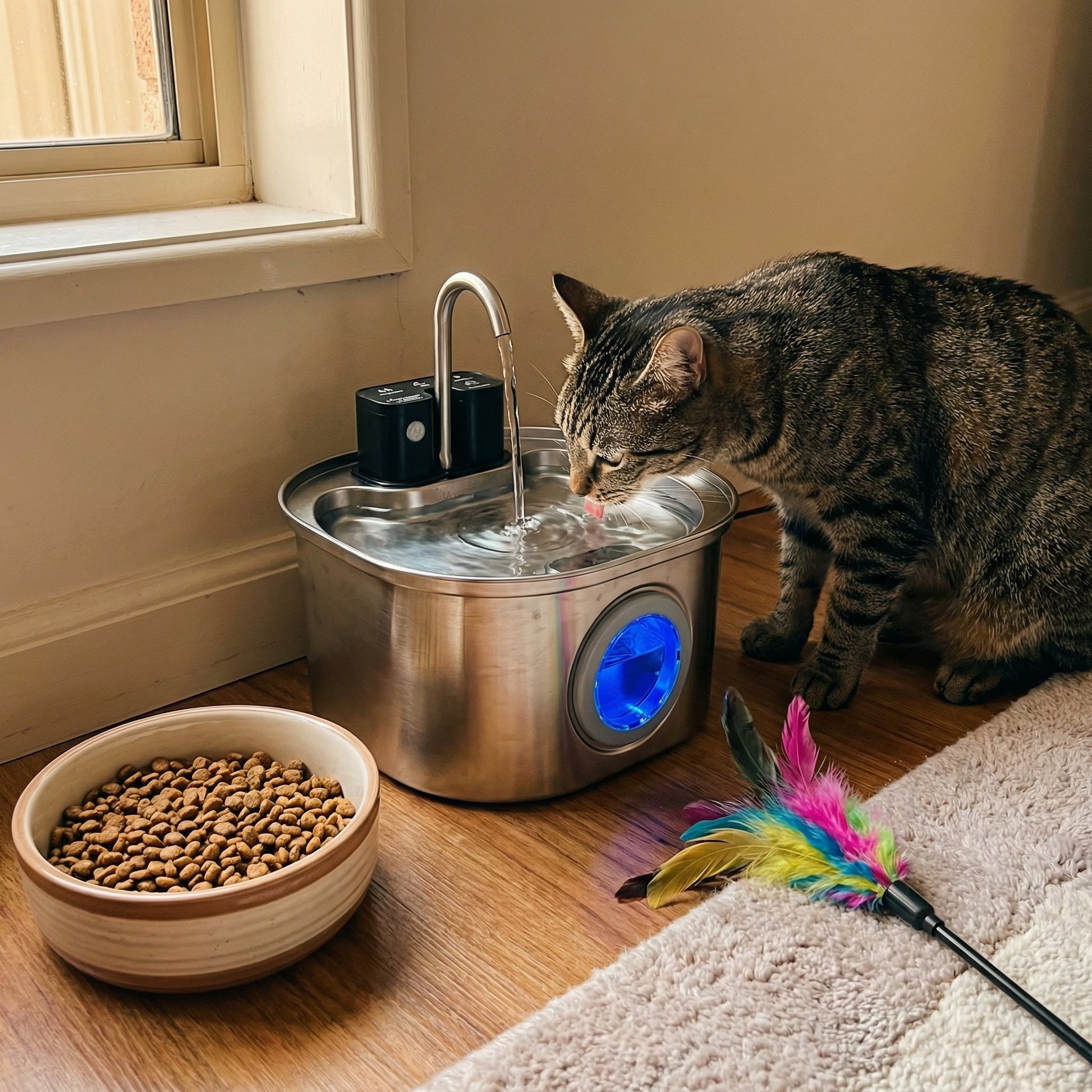 Chat buvant dans une fontaine à eau en acier inoxydbale