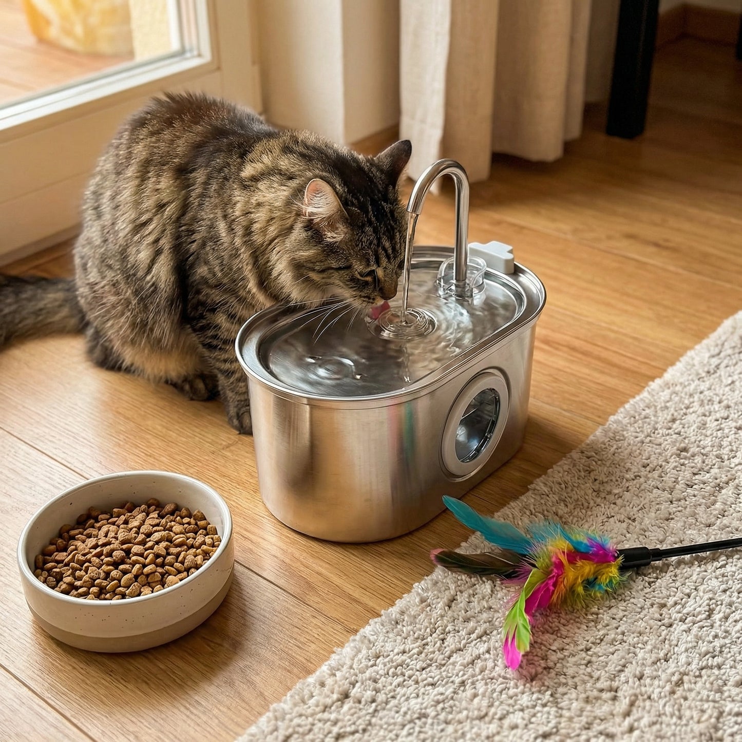 Chat buvant dans une fontaine à eau avec fenêtre du niveau d'eau visible