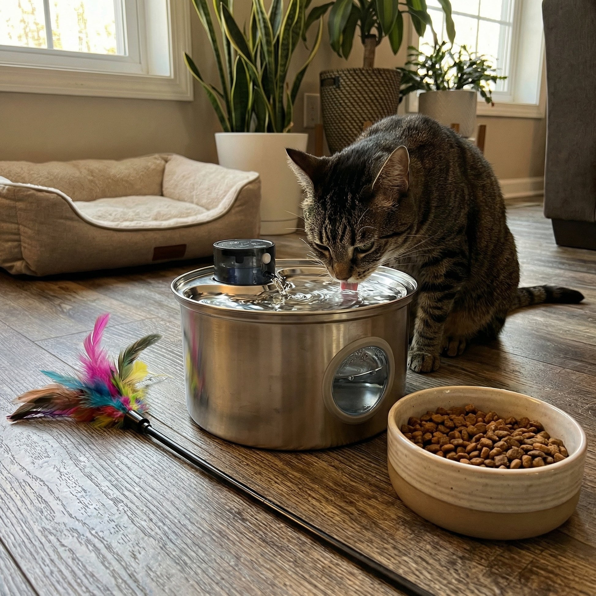 Chat buvant dans une fontaine à eau en acier inoxydable 