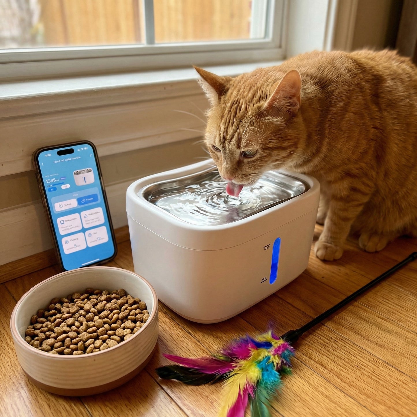 Chat buvant dans une fontaine à eau pour chat silencieuse