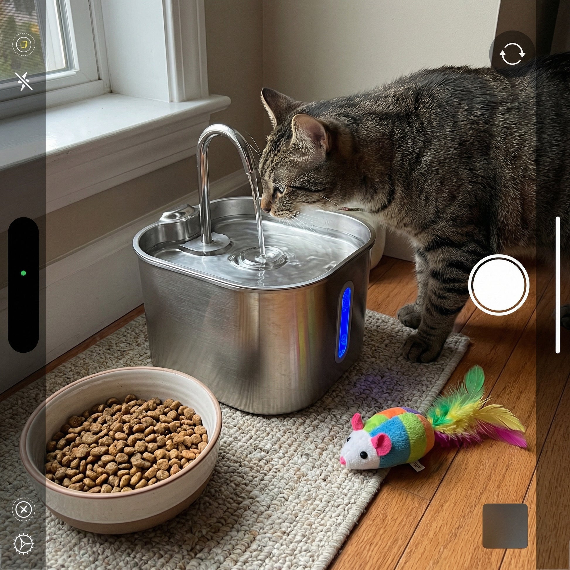 Chat buvant dans une fontaine à eau en inox