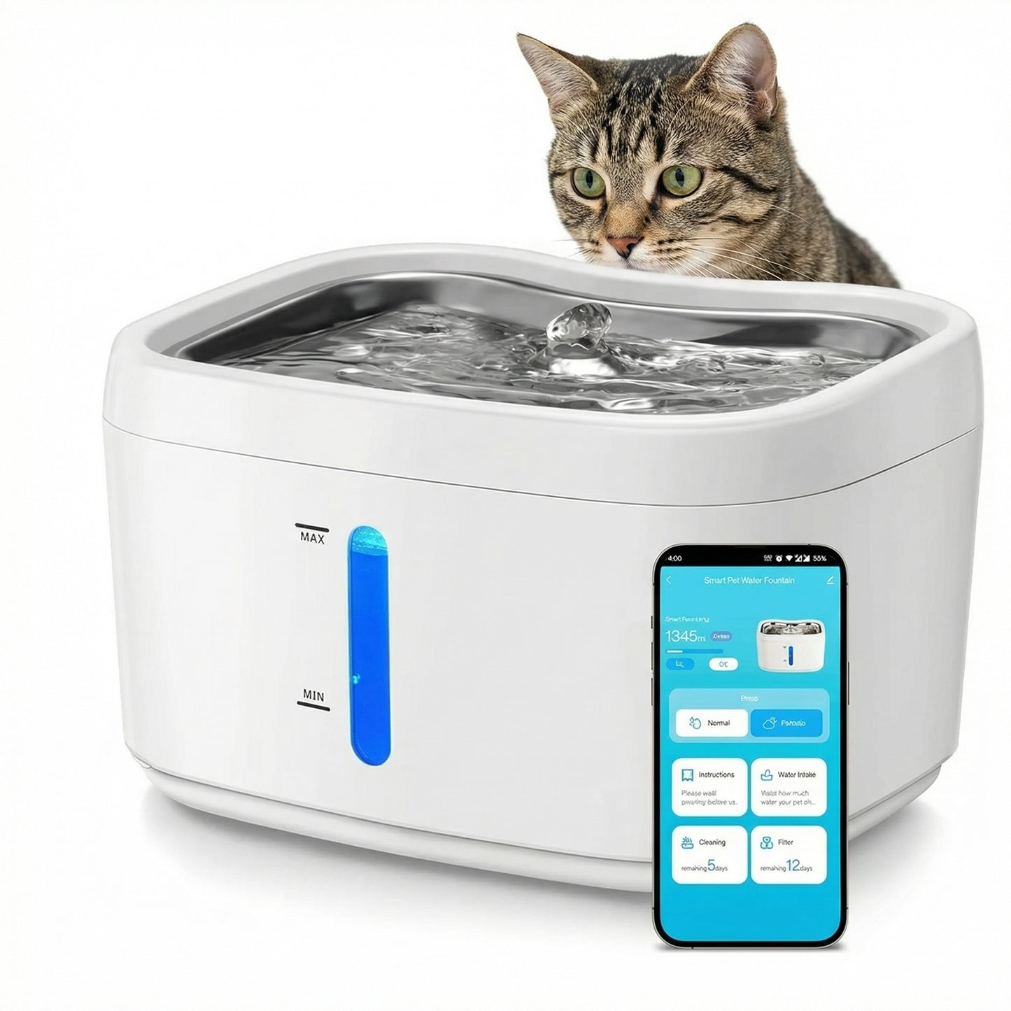 Fontaine à eau pour chat avec eau qui coule en continu